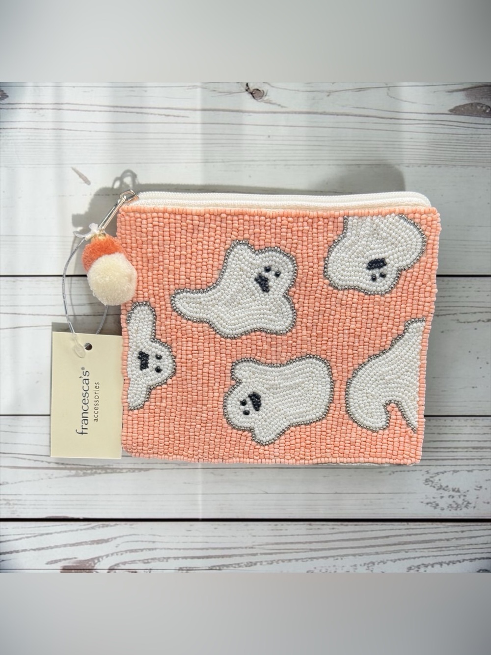 👻Francesca's Collections👻Peach Beaded Ghost Zip Pouch/NWT